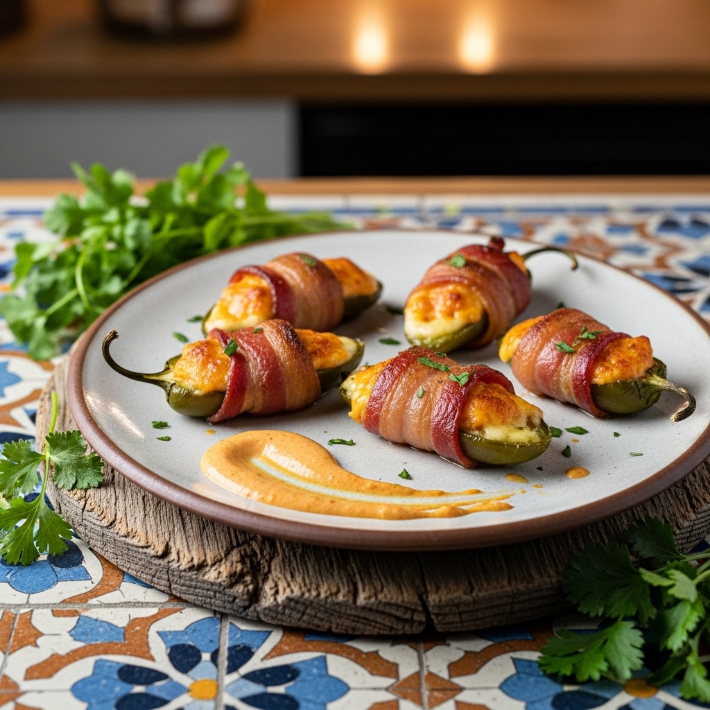 Smoky BBQ Bacon Wrapped Stuffed Jalapeños with Creamy Chipotle Sauce